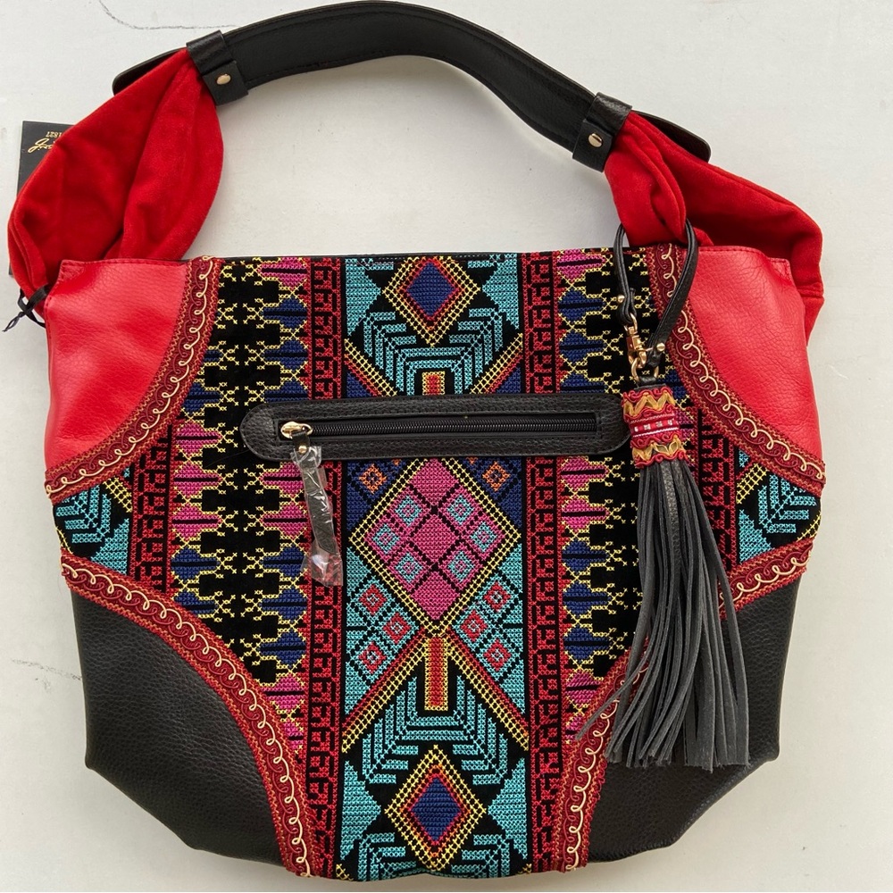 Sharif NYC NWT Tapestry Hobo Bag Boho Leather Tassel Ethnic Purse embroidered